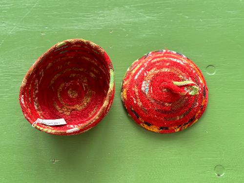 Recycled Saree Drawstring Basket with Lid (Red & Yellow)