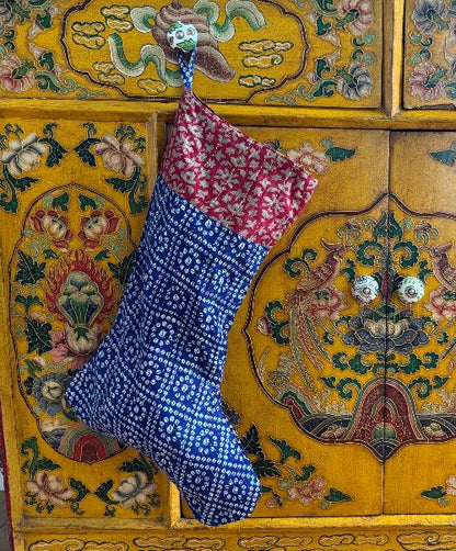 Recycled Saree Christmas Stocking (Blue & Red)