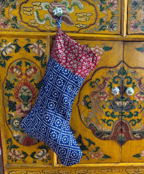 Recycled Saree Christmas Stocking (Blue & Red)