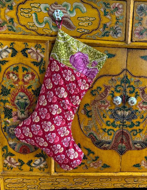 Recycled Saree Christmas Stocking (Red & Yellow)