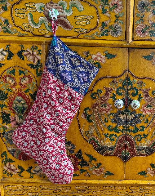 Recycled Saree Christmas Stocking (Red & Blue)