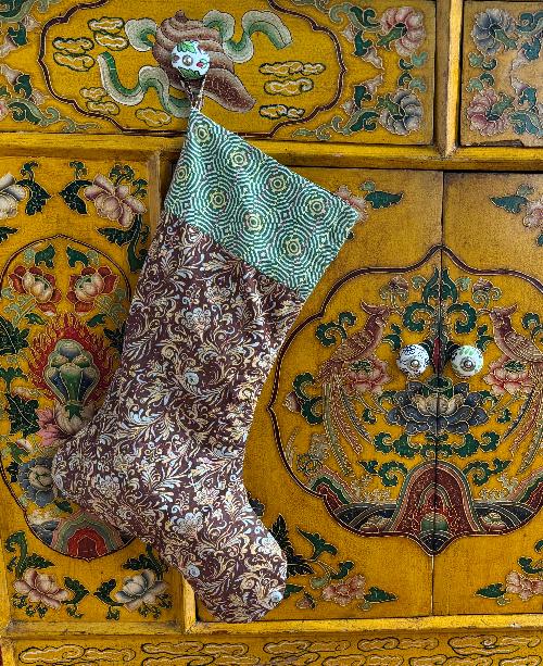 Recycled Saree Christmas Stocking (Brown & Green)