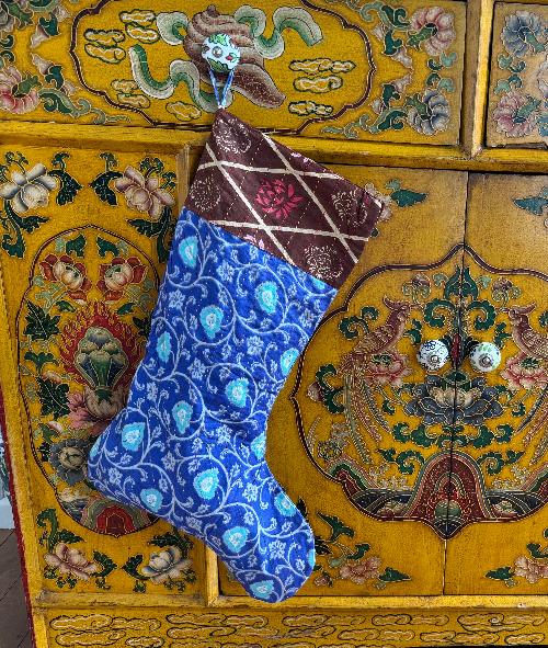 Recycled Saree Christmas Stocking (Blue & Brown)