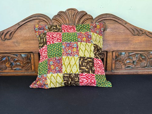 Recycled Saree Patchwork Cushion (Green & Pink)