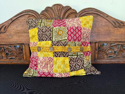 Recycled Saree Patchwork Cushion (Red & Yellow)