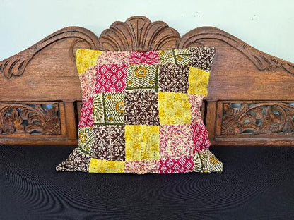 Recycled Saree Patchwork Cushion (Red & Yellow)