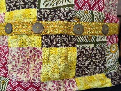 Recycled Saree Patchwork Cushion (Red & Yellow)