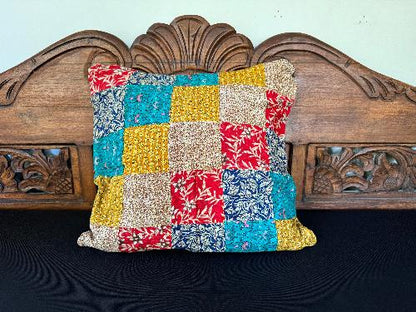 Recycled Saree Patchwork Cushion (Turquoise Multi)